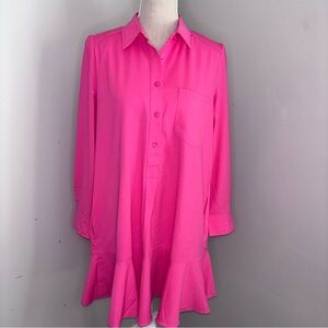 Tuckernuck NEW hot pink shirt dress POCKETS flounce hem loose fit size Medium
